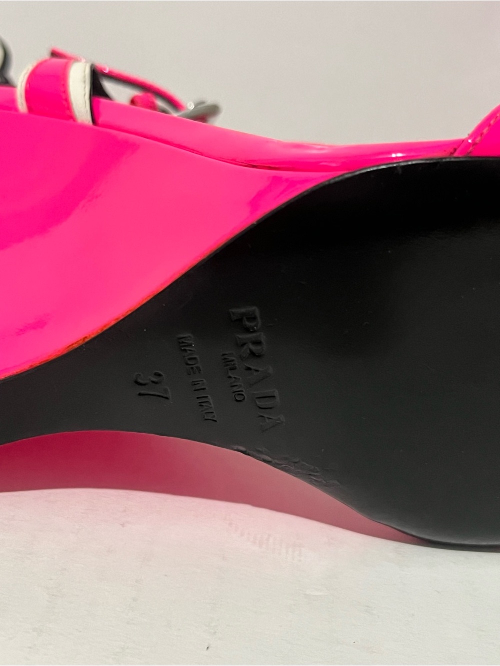 Prada Neon Pink Flame Wedge Sandals with Black & Silver Accents - Picture 8 of 10